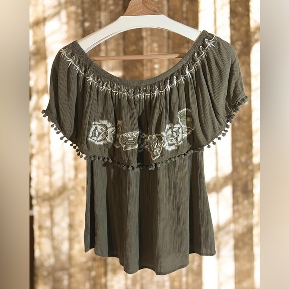 Blue Rain Tops - Blue Rain | Embroidered Olive Green Women's Shorts Sleeve Rayon Peplum Top